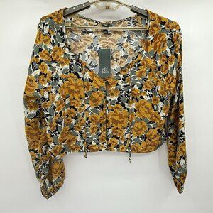Wild Fable Womens Floral Print Balloon Long Sleeve Crop Button Up Top NWT Large